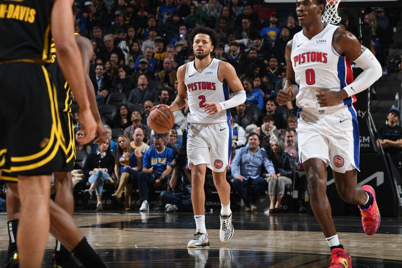 SAN FRANCISCO, CA - JANUARY 5: Cade Cunningham #2 of the Detroit Pistons brings the ball up court against the Golden State Warriors on January 5, 2024 at Chase Center in San Francisco, California. NOTE TO USER: User expressly acknowledges and agrees that, by downloading and or using this photograph, user is consenting to the terms and conditions of Getty Images License Agreement. Mandatory Copyright Notice: Copyright 2024 NBAE (Photo by Noah Graham/NBAE via Getty Images)