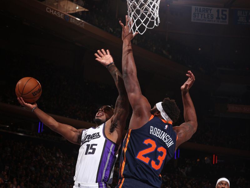 NEW YORK, NY - APRIL 4: Davion Mitchell #15 of the Sacramento Kings drives to the basket during the game against the New York Knicks on April 4, 2024 at Madison Square Garden in New York City, New York.  NOTE TO USER: User expressly acknowledges and agrees that, by downloading and or using this photograph, User is consenting to the terms and conditions of the Getty Images License Agreement. Mandatory Copyright Notice: Copyright 2024 NBAE  (Photo by Nathaniel S. Butler/NBAE via Getty Images)