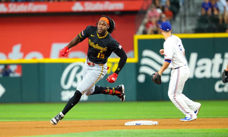 Aug 20, 2024; Arlington, Texas, USA; Pittsburgh Pirates designated hitter Oneil Cruz (15) runs the bases after hitting an rbi triple during the fourth inning against the Texas Rangers at Globe Life Field. Mandatory Credit: Kevin Jairaj-USA TODAY Sports