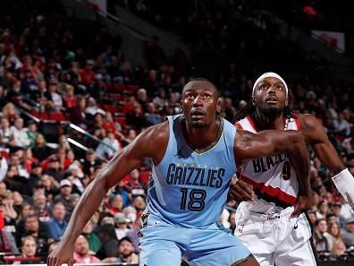 PORTLAND, OR - NOVEMBER 5: Bismack Biyombo #18 of the Memphis Grizzlies boxes out during the game against the Portland Trail Blazers on November 5, 2023 at the Moda Center Arena in Portland, Oregon. NOTE TO USER: User expressly acknowledges and agrees that, by downloading and or using this photograph, user is consenting to the terms and conditions of the Getty Images License Agreement. Mandatory Copyright Notice: Copyright 2023 NBAE (Photo by Cameron Browne/NBAE via Getty Images)