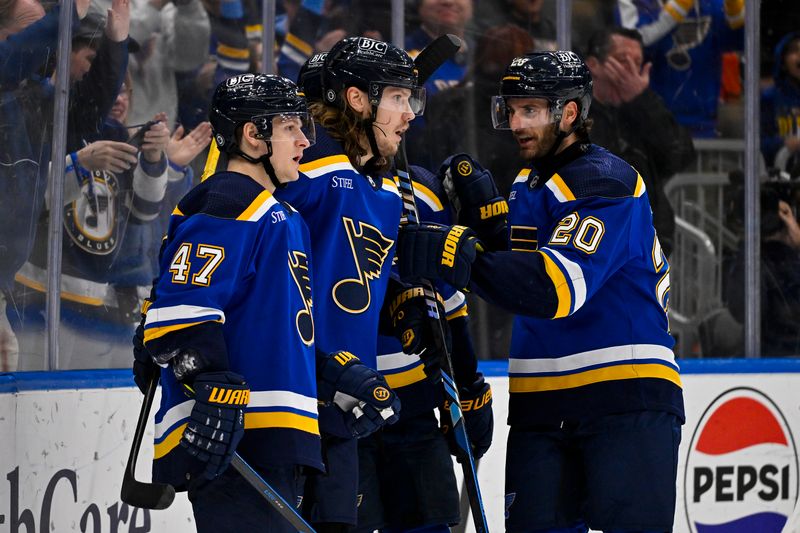 Jan 15, 2024; St. Louis, Missouri, USA;  St. Louis Blues center Oskar Sundqvist (70) is congratulated by defenseman Torey Krug (47) and left wing Brandon Saad (20) after scoring against the Philadelphia Flyers during the second period at Enterprise Center. Mandatory Credit: Jeff Curry-USA TODAY Sports