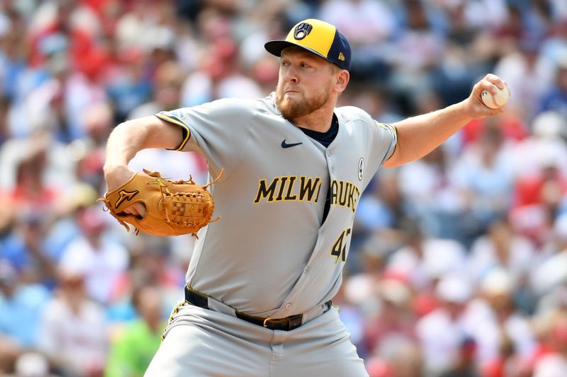 Jun 1, 2025; Philadelphia, Pennsylvania, USA; Milwaukee Brewers pitcher Jared Koenig (47) throws a pitch during the seventh inning against the Philadelphia Phillies at Citizens Bank Park. Mandatory Credit: Eric Hartline-Imagn Images