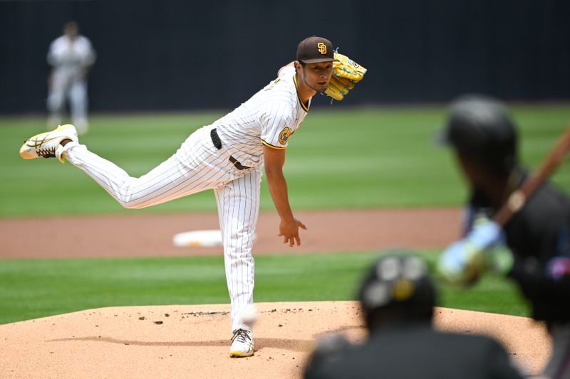 May 29, 2024; San Diego, California, USA; San Diego Padres pitcher Yu Darvish (11) pitches during the first inning against the Miami Marlins at Petco Park. Mandatory Credit: Denis Poroy-USA TODAY Sports