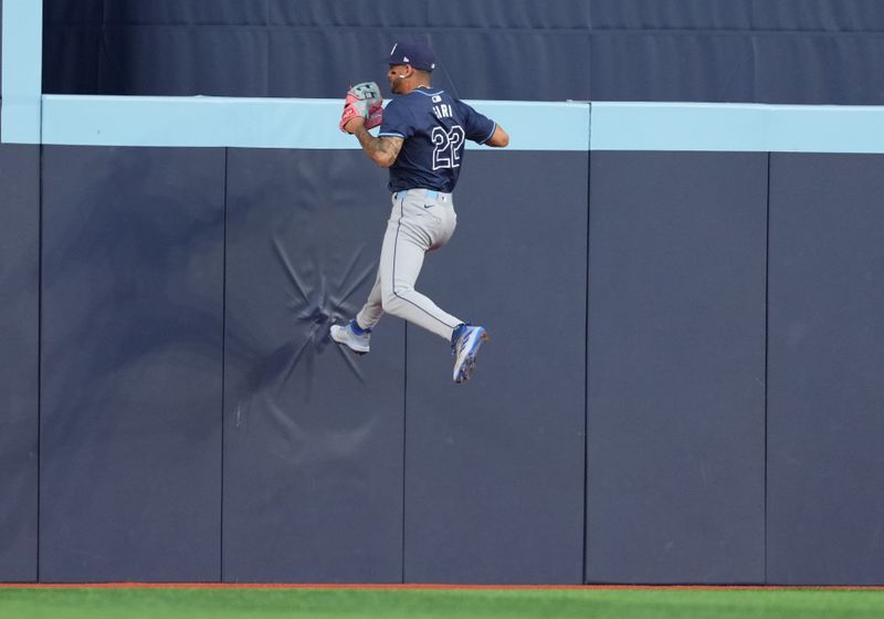 Jul 23, 2024; Toronto, Ontario, CAN; Tampa Bay Rays center fielder Jose Siri (22) jumps onto the wall after catching a fly ball against the Toronto Blue Jays during the second inning at Rogers Centre. Mandatory Credit: Nick Turchiaro-USA TODAY Sports