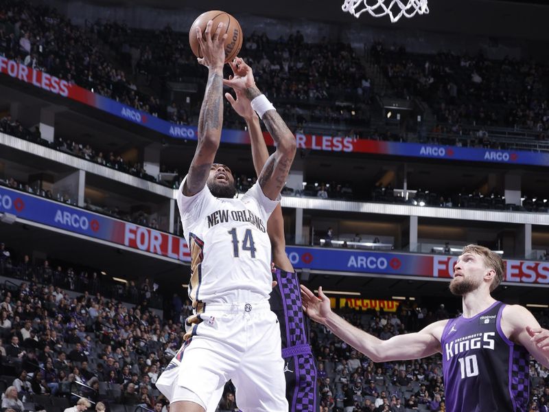 SACRAMENTO, CA - JANUARY 7: Brandon Ingram #14 of the New Orleans Pelicans goes to the basket during the game on January 7, 2024 at Golden 1 Center in Sacramento, California. NOTE TO USER: User expressly acknowledges and agrees that, by downloading and or using this Photograph, user is consenting to the terms and conditions of the Getty Images License Agreement. Mandatory Copyright Notice: Copyright 2024 NBAE (Photo by Rocky Widner/NBAE via Getty Images)