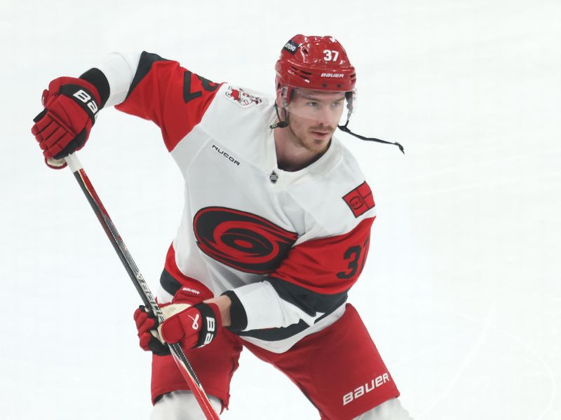 Mar 22, 2026; Pittsburgh, Pennsylvania, USA;  Carolina Hurricanes right wing Andrei Svechnikov (37) warms up before the game against the Pittsburgh Penguins at PPG Paints Arena. Mandatory Credit: Charles LeClaire-Imagn Images