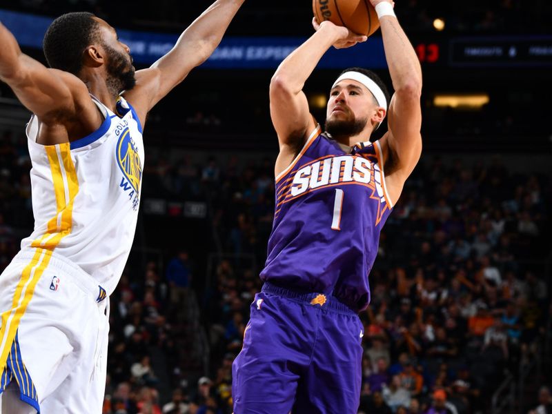 PHOENIX, AZ - NOVEMBER 30: Devin Booker #1 of the Phoenix Suns shoots the ball during the game against the Golden State Warriors on November 30, 2024 at Footprint Center in Phoenix, Arizona. NOTE TO USER: User expressly acknowledges and agrees that, by downloading and or using this photograph, user is consenting to the terms and conditions of the Getty Images License Agreement. Mandatory Copyright Notice: Copyright 2024 NBAE (Photo by Barry Gossage/NBAE via Getty Images)