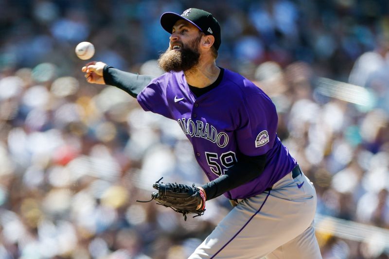Apr 13, 2025; San Diego, California, USA; Colorado Rockies relief pitcher Jake Bird (59) throws a pitch during the sixth inning against the against the San Diego Padres at Petco Park. Mandatory Credit: David Frerker-Imagn Images