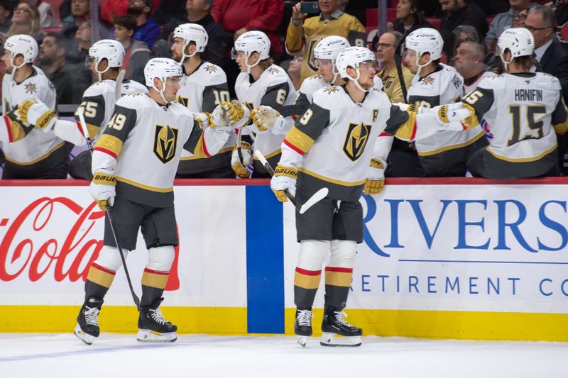 Nov 21, 2024; Ottawa, Ontario, CAN; Vegas Golden Knights center Jack Eichel (9) celebrates with team his goal scored in the first period against the Ottawa Senators at the Canadian Tire Centre. Mandatory Credit: Marc DesRosiers-Imagn Images