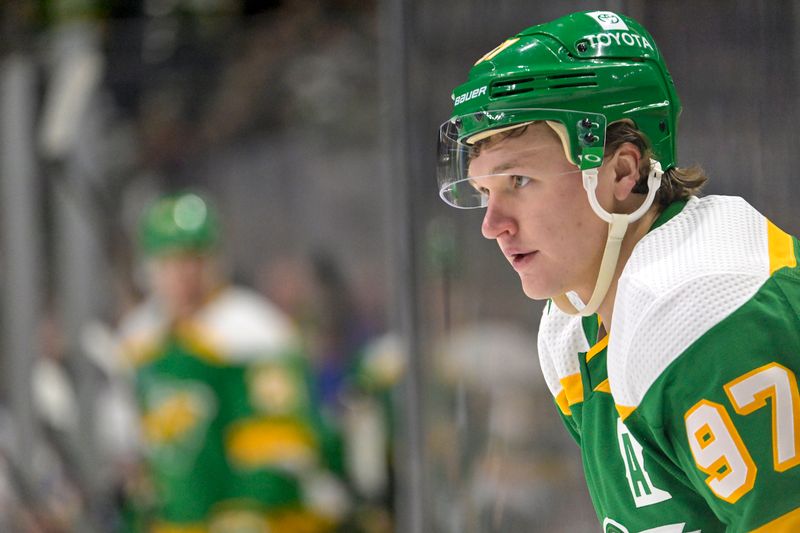 Feb 17, 2024; Saint Paul, Minnesota, USA;  Minnesota Wild forward Kirill Kaprizov (97) looks on against the Buffalo Sabres during the second period at Xcel Energy Center. Mandatory Credit: Nick Wosika-USA TODAY Sports