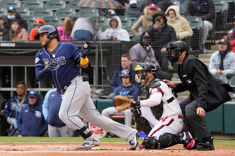 Apr 30, 2023; Chicago, Illinois, USA; Tampa Bay Rays designated hitter Harold Ramirez (43) hits a single against the Chicago White Sox during the first inning at Guaranteed Rate Field. Mandatory Credit: David Banks-USA TODAY Sports