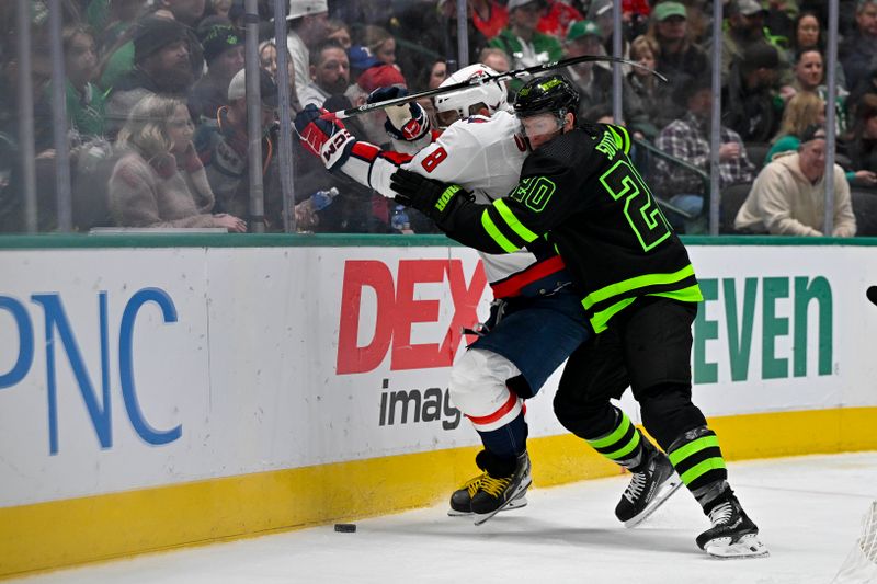 Jan 27, 2024; Dallas, Texas, USA; Dallas Stars defenseman Ryan Suter (20) checks Washington Capitals left wing Alex Ovechkin (8) against the boards during the third period at the American Airlines Center. Mandatory Credit: Jerome Miron-USA TODAY Sports