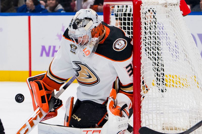 Nov 28, 2023; Vancouver, British Columbia, CAN; Anaheim Ducks goalie John Gibson (36) makes a save against the Vancouver Canucks in the second period at Rogers Arena. Mandatory Credit: Bob Frid-USA TODAY Sports