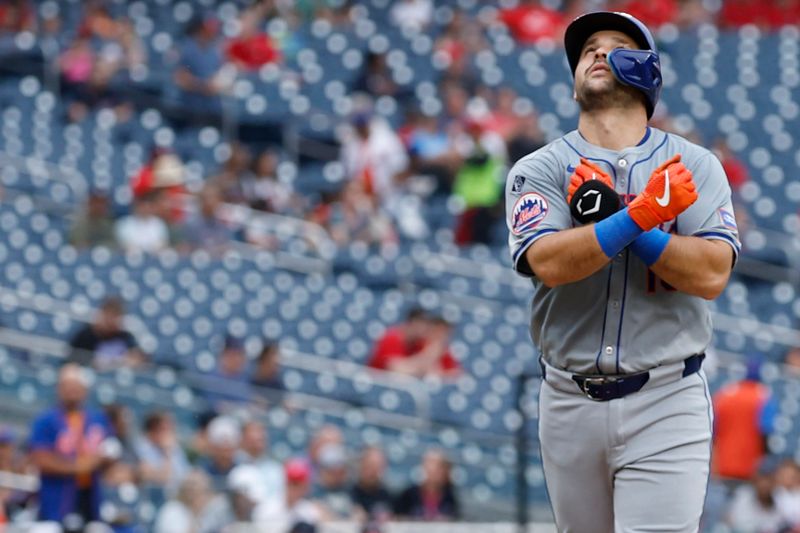 Jun 5, 2024; Washington, District of Columbia, USA; New York Mets catcher Luis Torrens (13) celebrates while crossing home plate after hitting a solo home run against the Washington Nationals during the third inning at Nationals Park. Mandatory Credit: Geoff Burke-USA TODAY Sports