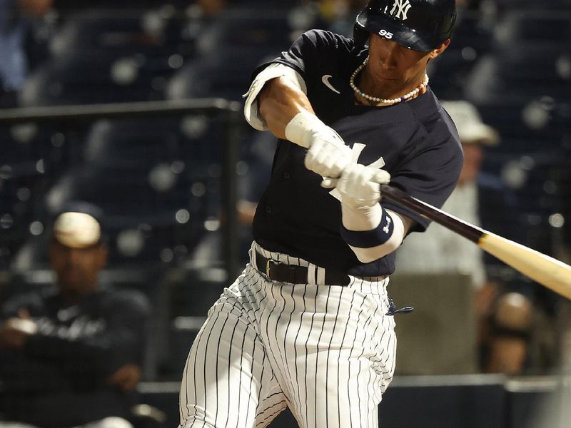 Feb 27, 2023; Tampa, Florida, USA;  New York Yankees right fielder Oswaldo Cabrera (95) hits a RBI single during the first inning against the Detroit Tigers at George M. Steinbrenner Field. Mandatory Credit: Kim Klement-USA TODAY Sports