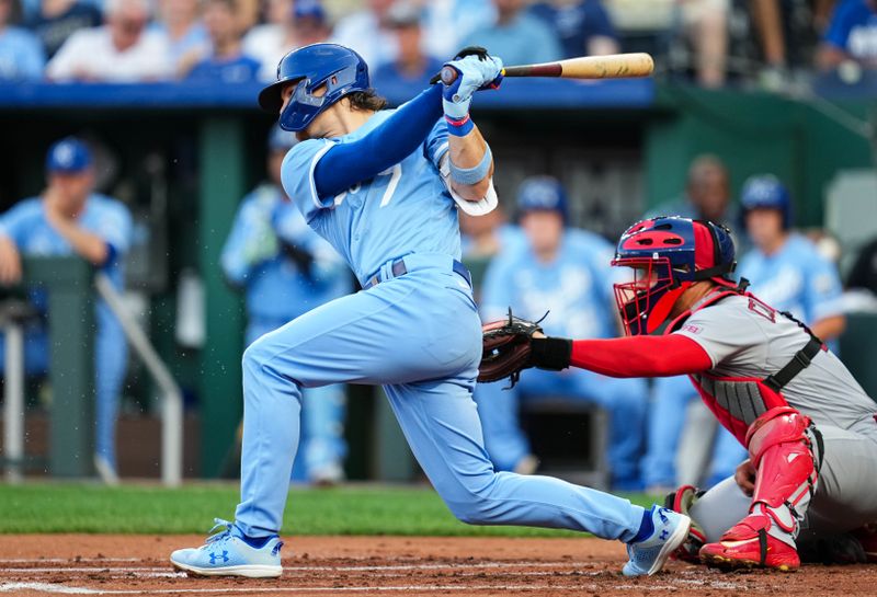 Aug 11, 2023; Kansas City, Missouri, USA; Kansas City Royals shortstop Bobby Witt Jr. (7) hits a single against the St. Louis Cardinals during the first inning at Kauffman Stadium. Mandatory Credit: Jay Biggerstaff-USA TODAY Sports