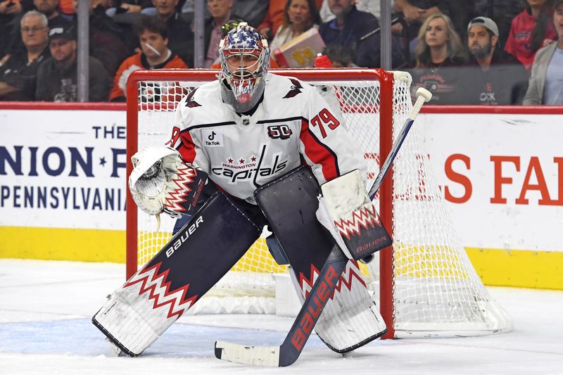 Oct 22, 2024; Philadelphia, Pennsylvania, USA; Washington Capitals goaltender Charlie Lindgren (79) against the Philadelphia Flyers during the second period at Wells Fargo Center. Mandatory Credit: Eric Hartline-Imagn Images