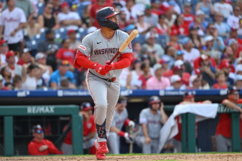 Aug 24, 2025; Philadelphia, Pennsylvania, USA; Washington Nationals second base Luis García Jr. (2) watches his home run during the ninth inning against the Philadelphia Phillies at Citizens Bank Park. Mandatory Credit: Eric Hartline-Imagn Images