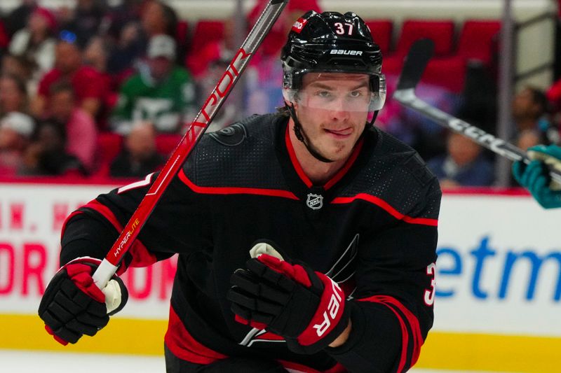 Oct 27, 2023; Raleigh, North Carolina, USA; Carolina Hurricanes right wing Andrei Svechnikov (37) skates against the San Jose Sharks during the first period at PNC Arena. Mandatory Credit: James Guillory-USA TODAY Sports