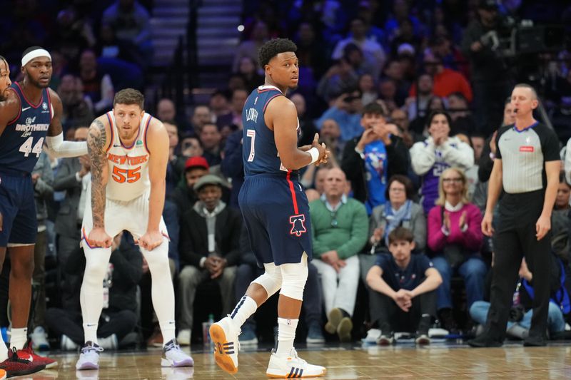 PHILADELPHIA, PA - FEBRUARY 22: Kyle Lowry #7 of the Philadelphia 76ers looks on during the game against the New York Knicks on February 22, 2024 at the Wells Fargo Center in Philadelphia, Pennsylvania NOTE TO USER: User expressly acknowledges and agrees that, by downloading and/or using this Photograph, user is consenting to the terms and conditions of the Getty Images License Agreement. Mandatory Copyright Notice: Copyright 2024 NBAE (Photo by Jesse D. Garrabrant/NBAE via Getty Images)