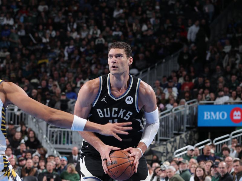 MILWAUKEE, WI - NOVEMBER 22:  Brook Lopez #11 of the Milwaukee Bucks shoots the ball during the game against the Indiana Pacers during a Emirates NBA Cup on November 22, 2024 at Fiserv Forum Center in Milwaukee, Wisconsin. NOTE TO USER: User expressly acknowledges and agrees that, by downloading and or using this Photograph, user is consenting to the terms and conditions of the Getty Images License Agreement. Mandatory Copyright Notice: Copyright 2024 NBAE (Photo by Gary Dineen/NBAE via Getty Images).