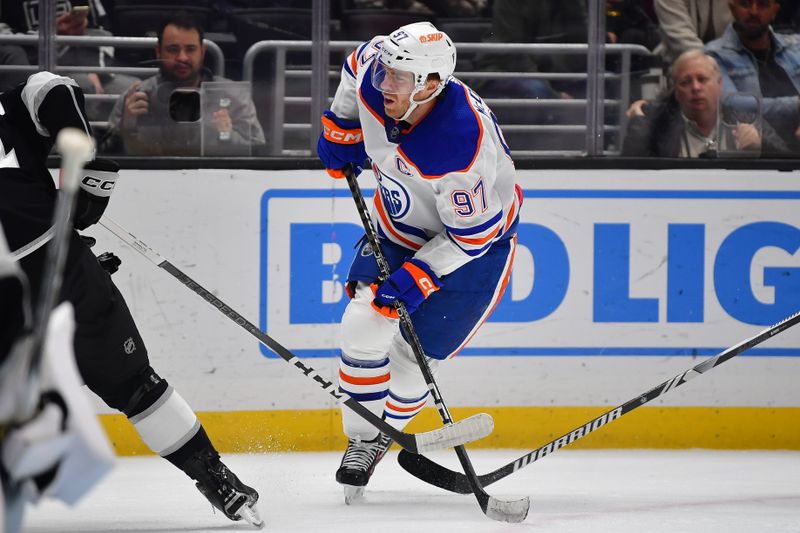 Dec 30, 2023; Los Angeles, California, USA; Edmonton Oilers center Connor McDavid (97) in action against the Los Angeles Kings during the first period at Crypto.com Arena. Mandatory Credit: Gary A. Vasquez-USA TODAY Sports