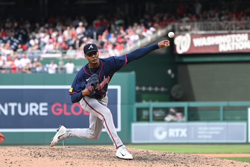 Jun 8, 2024; Washington, District of Columbia, USA; Atlanta Braves relief pitcher Ray Kerr (58) throws a pitch against the Washington Nationals during the seventh inning at Nationals Park. Mandatory Credit: Rafael Suanes-USA TODAY Sports