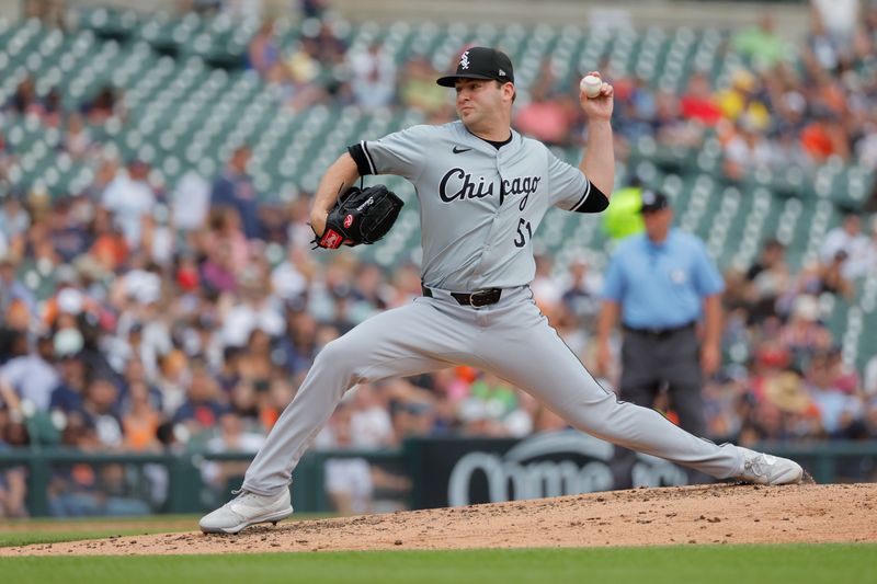 Jun 23, 2024; Detroit, Michigan, USA;  Chicago White Sox relief pitcher Jared Shuster (51) pitches in the second inning against the Detroit Tigers at Comerica Park. Mandatory Credit: Rick Osentoski-USA TODAY Sports