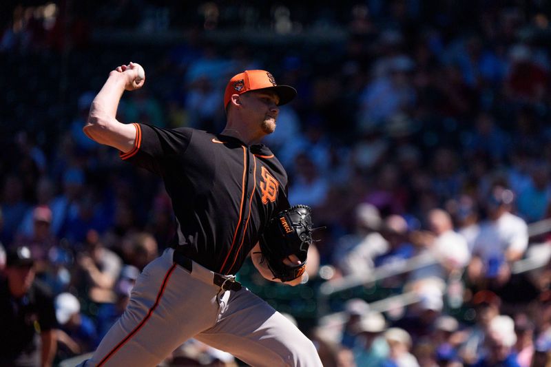 Mar 22, 2024; Mesa, Arizona, USA; San Francisco Giants starting pitcher Keaton Winn (67) on the mound in the first inning during a spring training game against the Chicago Cubs at Sloan Park. Mandatory Credit: Allan Henry-USA TODAY Sports