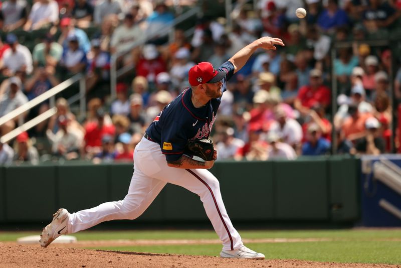 Mar 25, 2024; North Port, Florida, USA;  Atlanta Braves relief pitcher Tyler Matzek (68) throws a pitch during the fourth inning against the Minnesota Twins at CoolToday Park. Mandatory Credit: Kim Klement Neitzel-USA TODAY Sports