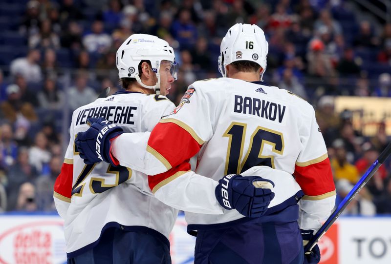 rFeb 15, 2024; Buffalo, New York, USA;  Florida Panthers center Carter Verhaeghe (23) celebrates his goal with center Aleksander Barkov (16) during the first period against the Buffalo Sabres at KeyBank Center. Mandatory Credit: Timothy T. Ludwig-USA TODAY Sports