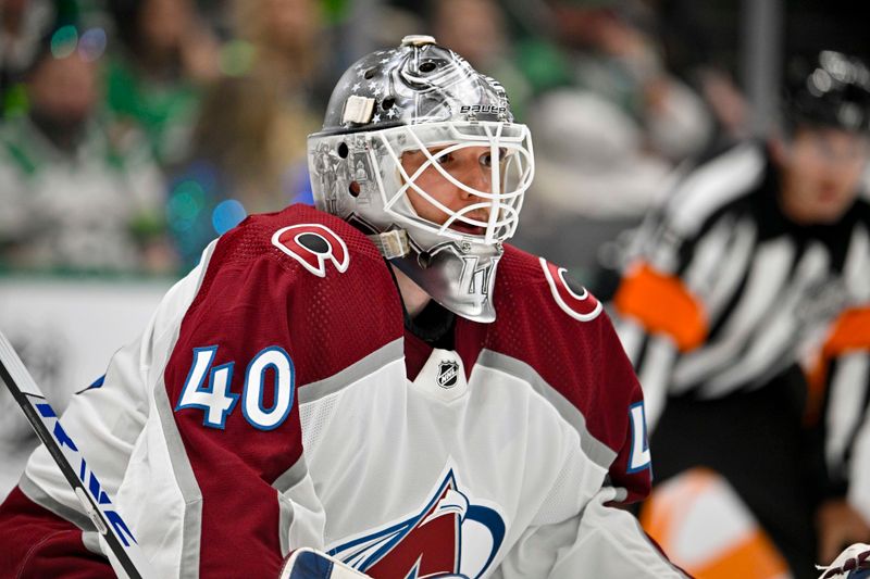 May 7, 2024; Dallas, Texas, USA; Colorado Avalanche goaltender Alexandar Georgiev (40) faces the Dallas Stars attack during the second period in game one of the second round of the 2024 Stanley Cup Playoffs at American Airlines Center. Mandatory Credit: Jerome Miron-USA TODAY Sports