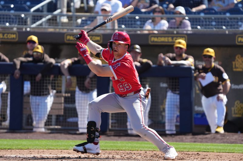 Feb 25, 2025; Peoria, Arizona, USA; Los Angeles Angels David Mershon (93) bats against the San Diego Padres during the third inning at Peoria Sports Complex. Mandatory Credit: Rick Scuteri-Imagn Images