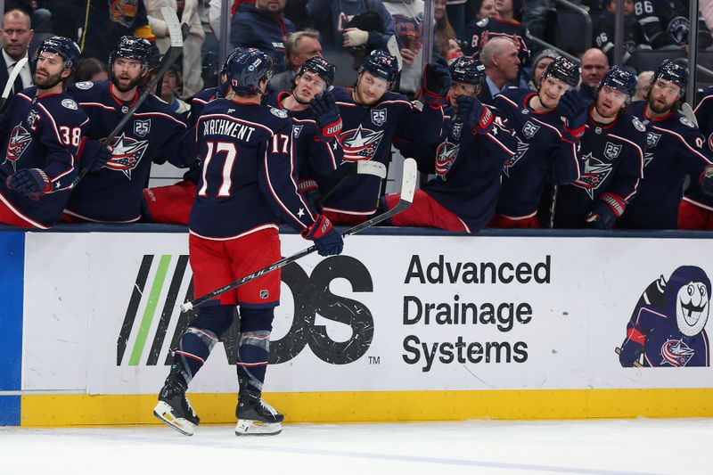 Jan 24, 2026; Columbus, Ohio, USA;  Columbus Blue Jackets left wing Mason Marchment (17) celebrates his goal with teammates during the second period against the Tampa Bay Lightning at Nationwide Arena. Mandatory Credit: Joseph Maiorana-Imagn Images