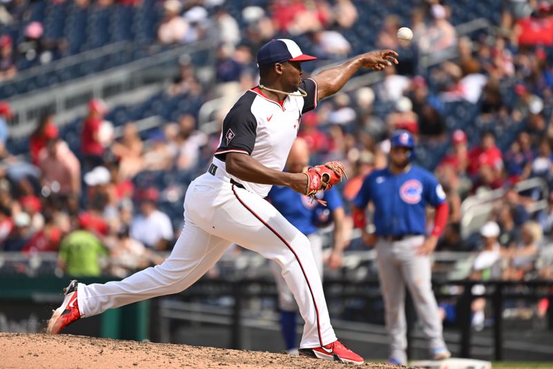 Sep 1, 2024; Washington, District of Columbia, USA; Washington Nationals relief pitcher Jose Ferrer (47) throws a pitch against the Chicago Cubs during the seventh inning at Nationals Park. Mandatory Credit: Rafael Suanes-USA TODAY Sports