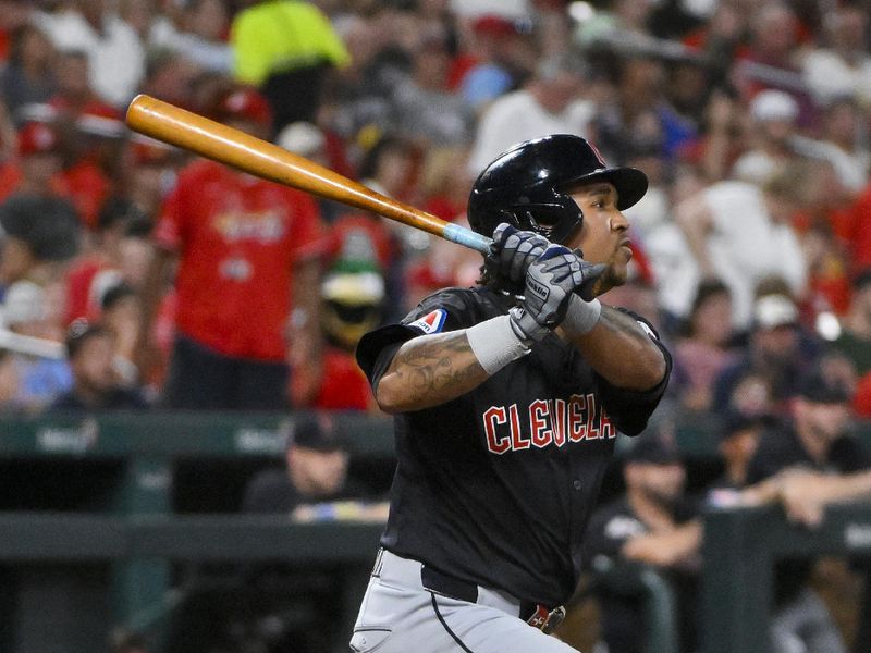 Sep 20, 2024; St. Louis, Missouri, USA; Cleveland Guardians third baseman Jose Ramirez (11) hits a one run single against the St. Louis Cardinals during the third inning at Busch Stadium. at Busch Stadium. Mandatory Credit: Jeff Curry-Imagn Images