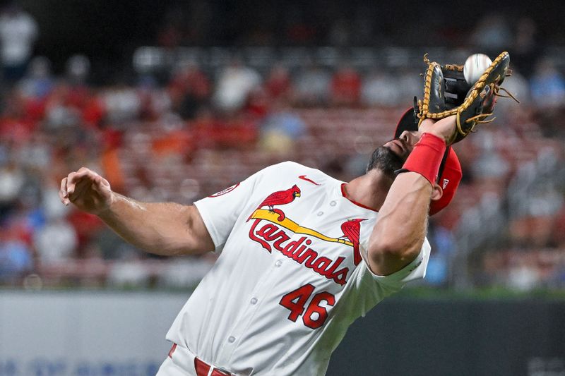 May 20, 2024; St. Louis, Missouri, USA;  St. Louis Cardinals first baseman Paul Goldschmidt (46) catches a fly ball against the Baltimore Orioles during the ninth inning at Busch Stadium. Mandatory Credit: Jeff Curry-USA TODAY Sports