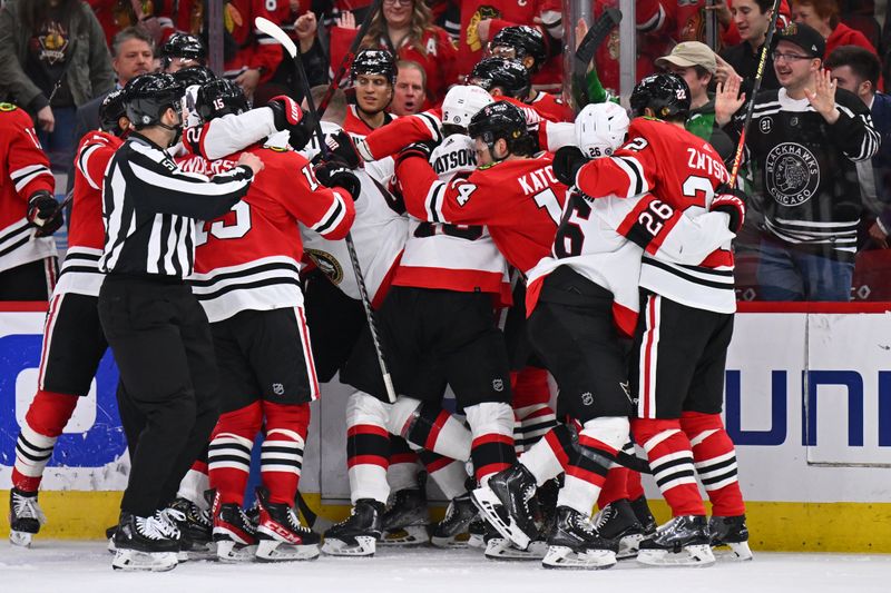 Mar 6, 2023; Chicago, Illinois, USA;  The Chicago Blackhawks and the Ottawa Senators scuffle on the ice in the third period at United Center. Mandatory Credit: Jamie Sabau-USA TODAY Sports