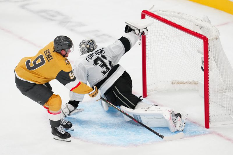 Oct 8, 2025; Las Vegas, Nevada, USA; Los Angeles Kings goaltender Anton Forsberg (31) makes a save against Vegas Golden Knights center Jack Eichel (9) during a shoot-out at T-Mobile Arena. Mandatory Credit: Stephen R. Sylvanie-Imagn Images