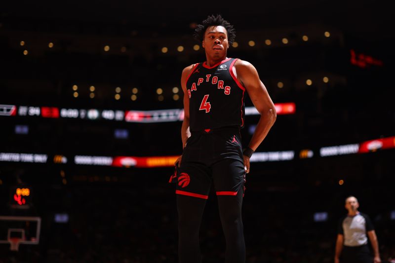 TORONTO, CANADA - JANUARY 15:  Scottie Barnes #4 of the Toronto Raptors looks on during the game against th eBoston Celtics on January 15, 2024 at the Scotiabank Arena in Toronto, Ontario, Canada.  NOTE TO USER: User expressly acknowledges and agrees that, by downloading and or using this Photograph, user is consenting to the terms and conditions of the Getty Images License Agreement.  Mandatory Copyright Notice: Copyright 2024 NBAE (Photo by Vaughn Ridley/NBAE via Getty Images)