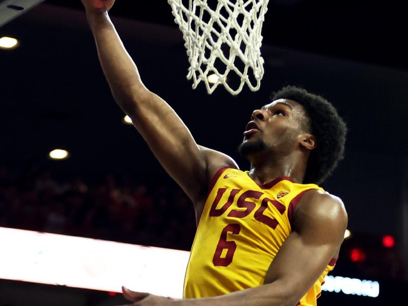 Jan 17, 2024; Tucson, Arizona, USA; USC Trojans guard Bronny James (6) shoots a basket agaisnt the Arizona Wildcats during the first half at McKale Center. Mandatory Credit: Zachary BonDurant-USA TODAY Sports