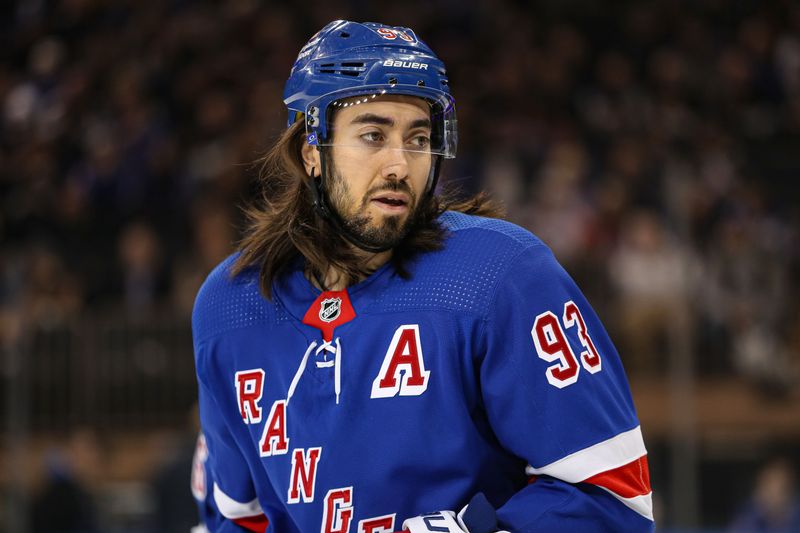 Mar 19, 2024; New York, New York, USA; New York Rangers center Mika Zibanejad (93) skates during the first period against the Winnipeg Jets at Madison Square Garden. Mandatory Credit: Danny Wild-USA TODAY Sports