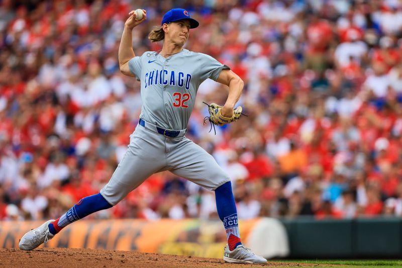 Jun 8, 2024; Cincinnati, Ohio, USA; Chicago Cubs starting pitcher Ben Brown (32) pitches against the Cincinnati Reds in the first inning at Great American Ball Park. Mandatory Credit: Katie Stratman-USA TODAY Sports