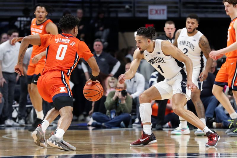 Feb 14, 2023; University Park, Pennsylvania, USA; Penn State Nittany Lions guard/forward Seth Lundy (1) defends as Illinois Fighting Illini guard Terrence Shannon Jr (0) dribbles the ball during the first half at Bryce Jordan Center. Penn State defeated Illinois 93-81. Mandatory Credit: Matthew OHaren-USA TODAY Sports