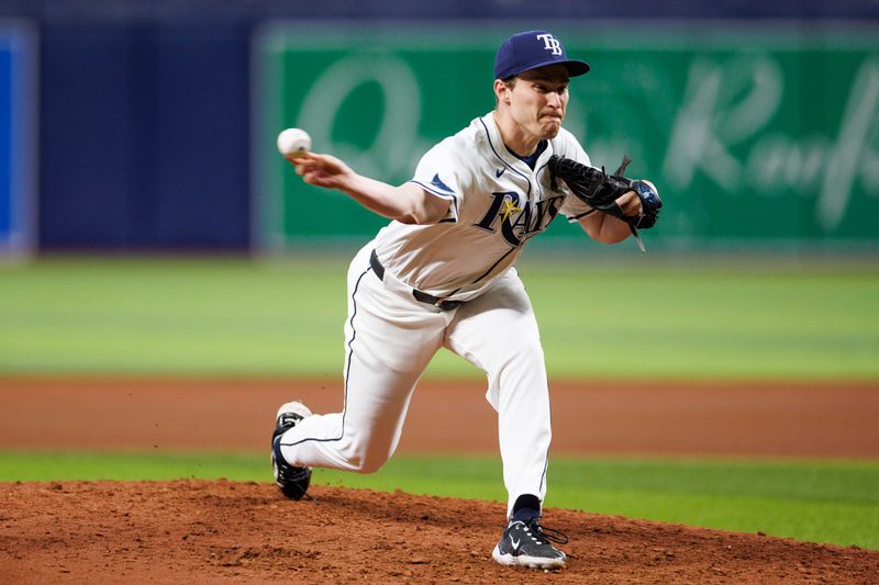 May 21, 2024; St. Petersburg, Florida, USA;  Tampa Bay Rays pitcher Kevin Kelly (49) throws a pitch against the Boston Red Sox in the seventh inning at Tropicana Field. Mandatory Credit: Nathan Ray Seebeck-USA TODAY Sports