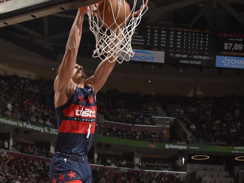 CLEVELAND, OH - DECEMBER 13: Johnny Davis #1 of the Washington Wizards dunks the ball during the game against the Cleveland Cavaliers on December 13, 2024 at Rocket Mortgage FieldHouse in Cleveland, Ohio. NOTE TO USER: User expressly acknowledges and agrees that, by downloading and/or using this Photograph, user is consenting to the terms and conditions of the Getty Images License Agreement. Mandatory Copyright Notice: Copyright 2024 NBAE (Photo by David Liam Kyle/NBAE via Getty Images)