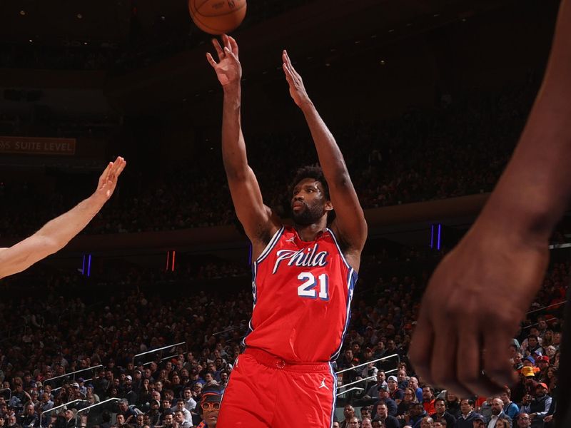 NEW YORK, NY - APRIL 22:  Joel Embiid #21 of the Philadelphia 76ers shoots the ball during the game  against the New York Knicks during Round 1 Game 2 of the 2024 NBA Playoffs on April 22, 2024 at Madison Square Garden in New York City, New York.  NOTE TO USER: User expressly acknowledges and agrees that, by downloading and or using this photograph, User is consenting to the terms and conditions of the Getty Images License Agreement. Mandatory Copyright Notice: Copyright 2024 NBAE  (Photo by Nathaniel S. Butler/NBAE via Getty Images)