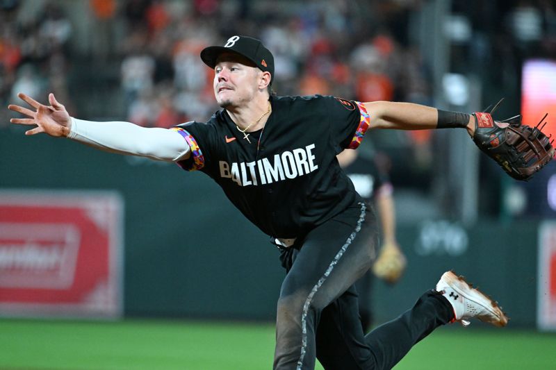 Sep 29, 2023; Baltimore, Maryland, USA;  Baltimore Orioles first baseman Ryan Mountcastle (6) loses to first base during the ninth inning Boston Red Sox at Oriole Park at Camden Yards. Mandatory Credit: Tommy Gilligan-USA TODAY Sports