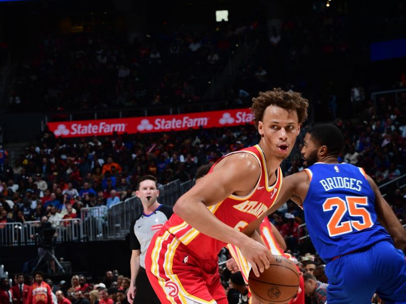 ATLANTA, GA - NOVEMBER 6:  Dyson Daniels #5 of the Atlanta Hawks dribbles the ball during the game against the New York Knicks during a regular season game on November 6, 2024 at State Farm Arena in Atlanta, Georgia.  NOTE TO USER: User expressly acknowledges and agrees that, by downloading and/or using this Photograph, user is consenting to the terms and conditions of the Getty Images License Agreement. Mandatory Copyright Notice: Copyright 2024 NBAE (Photo by Scott Cunningham/NBAE via Getty Images)