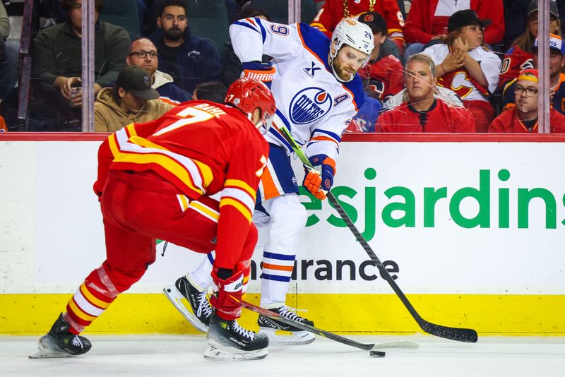 Nov 3, 2024; Calgary, Alberta, CAN; Edmonton Oilers center Leon Draisaitl (29) and Calgary Flames defenseman Kevin Bahl (7) battles for the puck during the first period at Scotiabank Saddledome. Mandatory Credit: Sergei Belski-Imagn Images